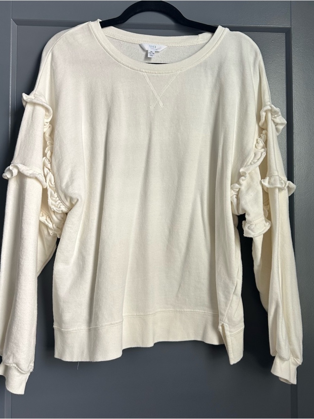 Time and Tru Cream Ruffle-Trim Pullover Sweatshirt